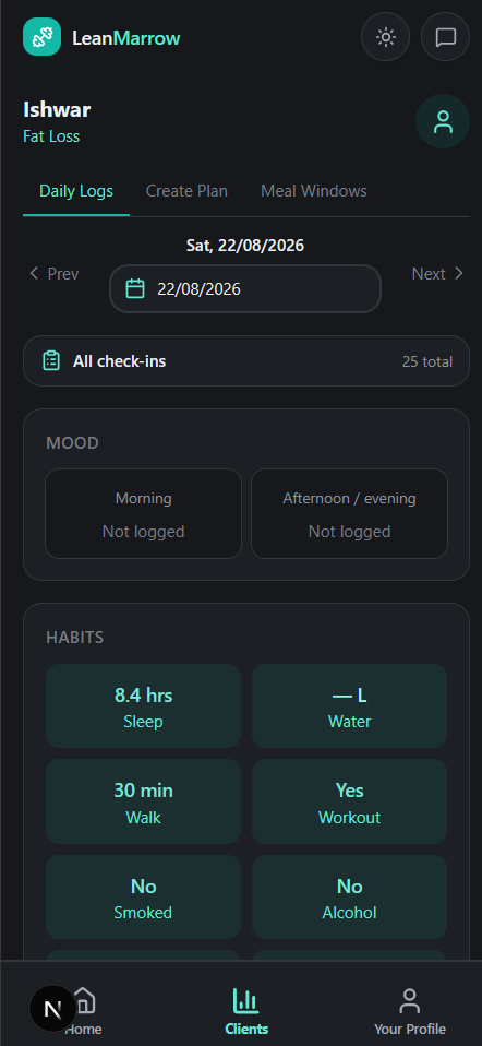 LeanMarrow client view showing daily logs, habits, and mood tracking