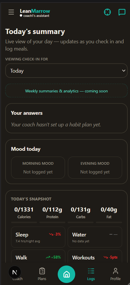 LeanMarrow coach dashboard showing client queue and daily status