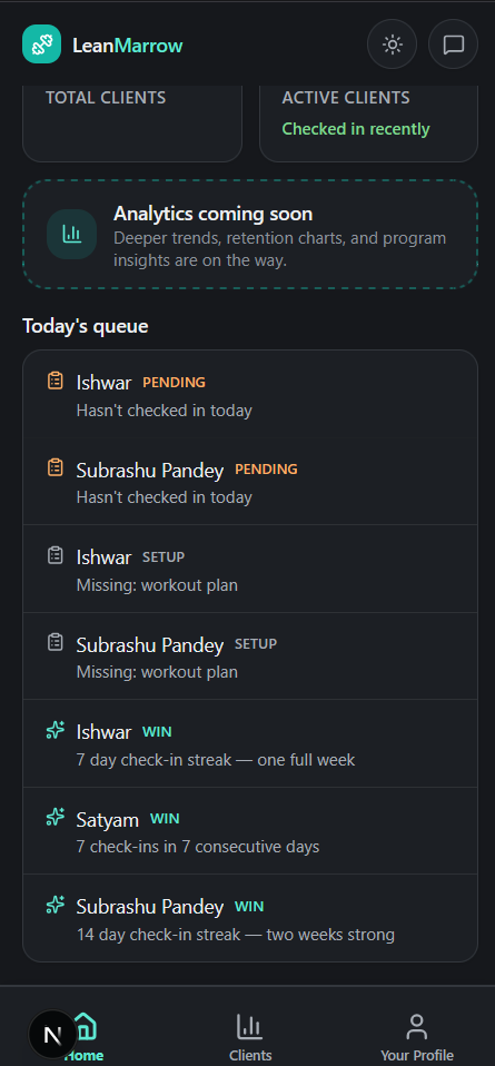LeanMarrow coach view showing today's summary with nutrition and activity data
